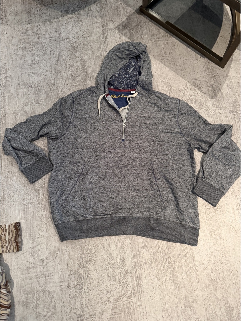 Men’s Robert Graham Grey Hooded Quarter zip cotton sweatshirt paisley print hood